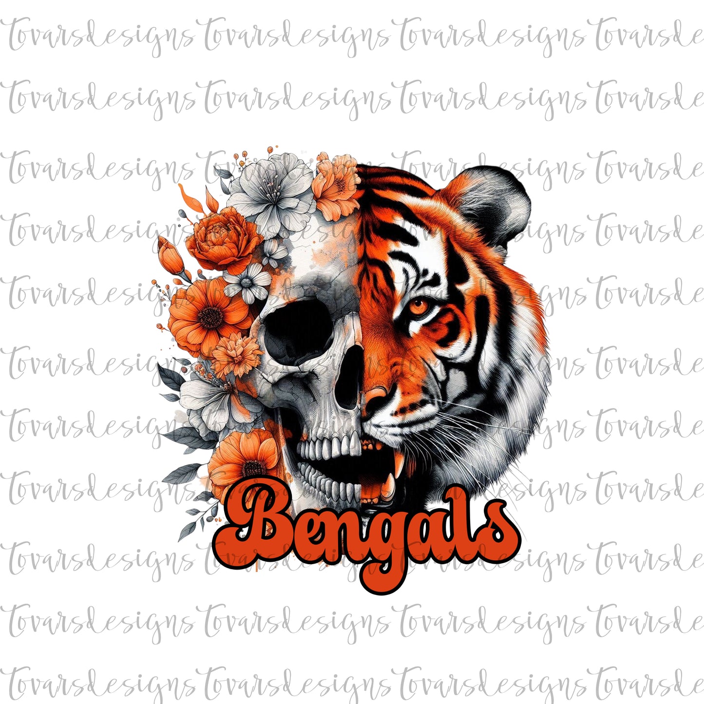 Bengals Half Skull Football Design PNG Digital Download Sublimation