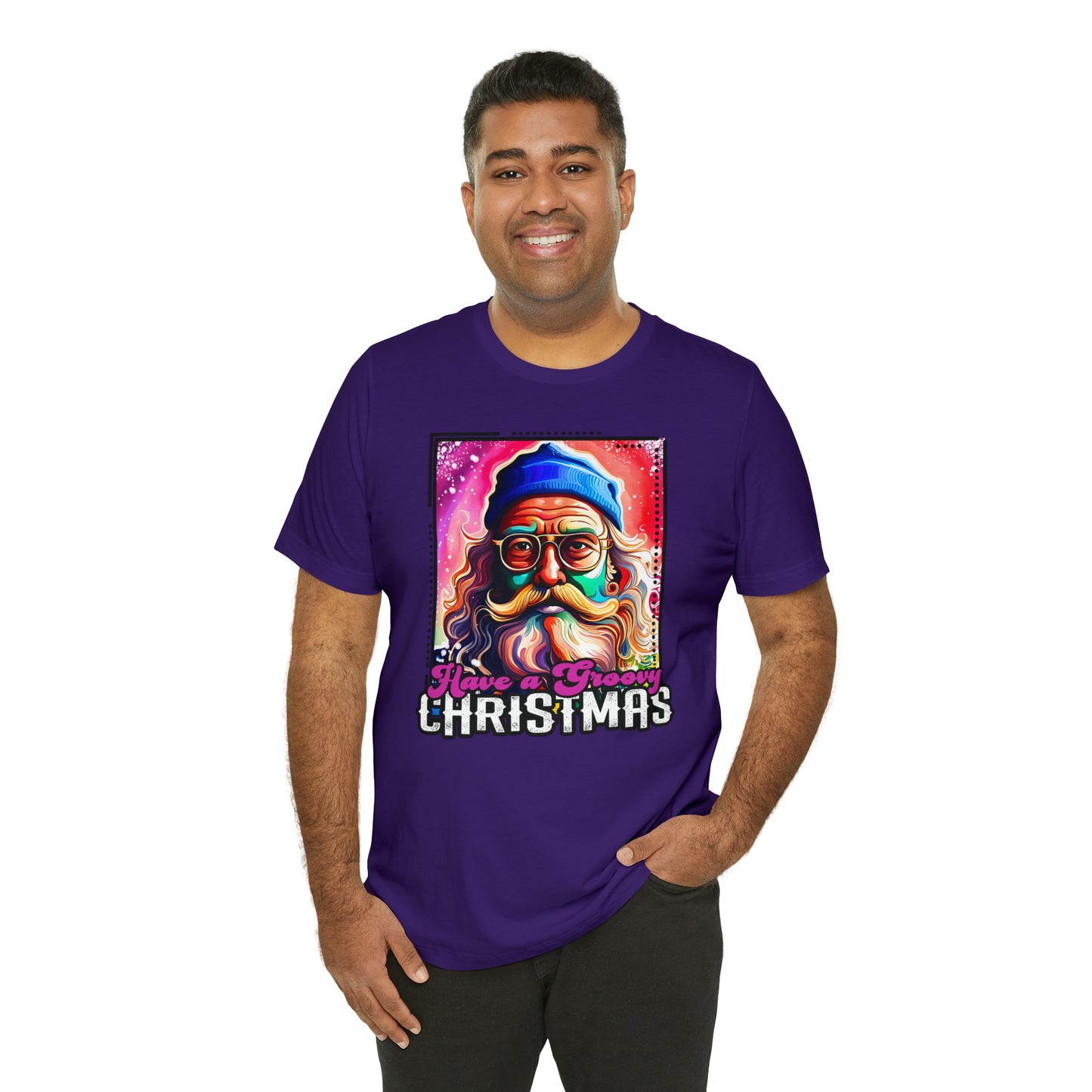 Have a Groovy Christmas, Retro Hipster Santa Watercolor Unisex Jersey Short Sleeve Tee