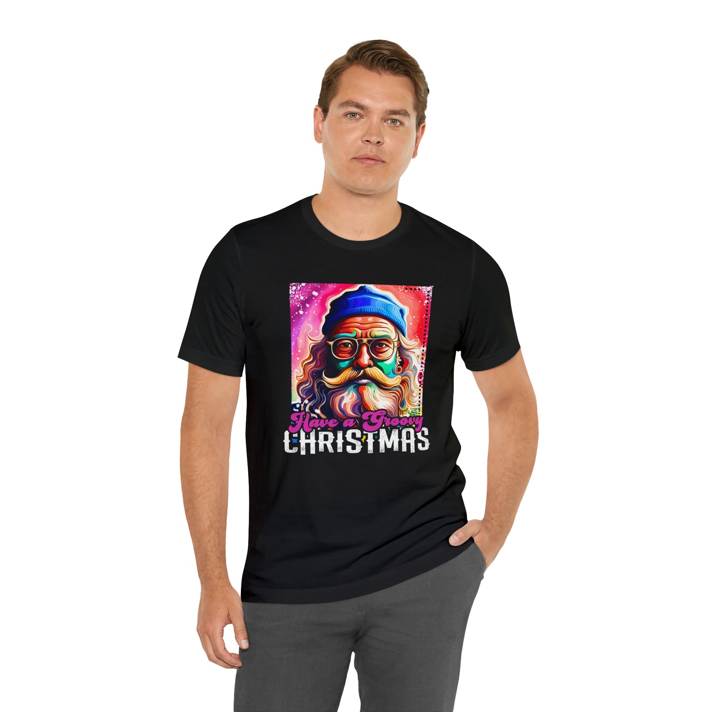 Have a Groovy Christmas, Retro Hipster Santa Watercolor Unisex Jersey Short Sleeve Tee