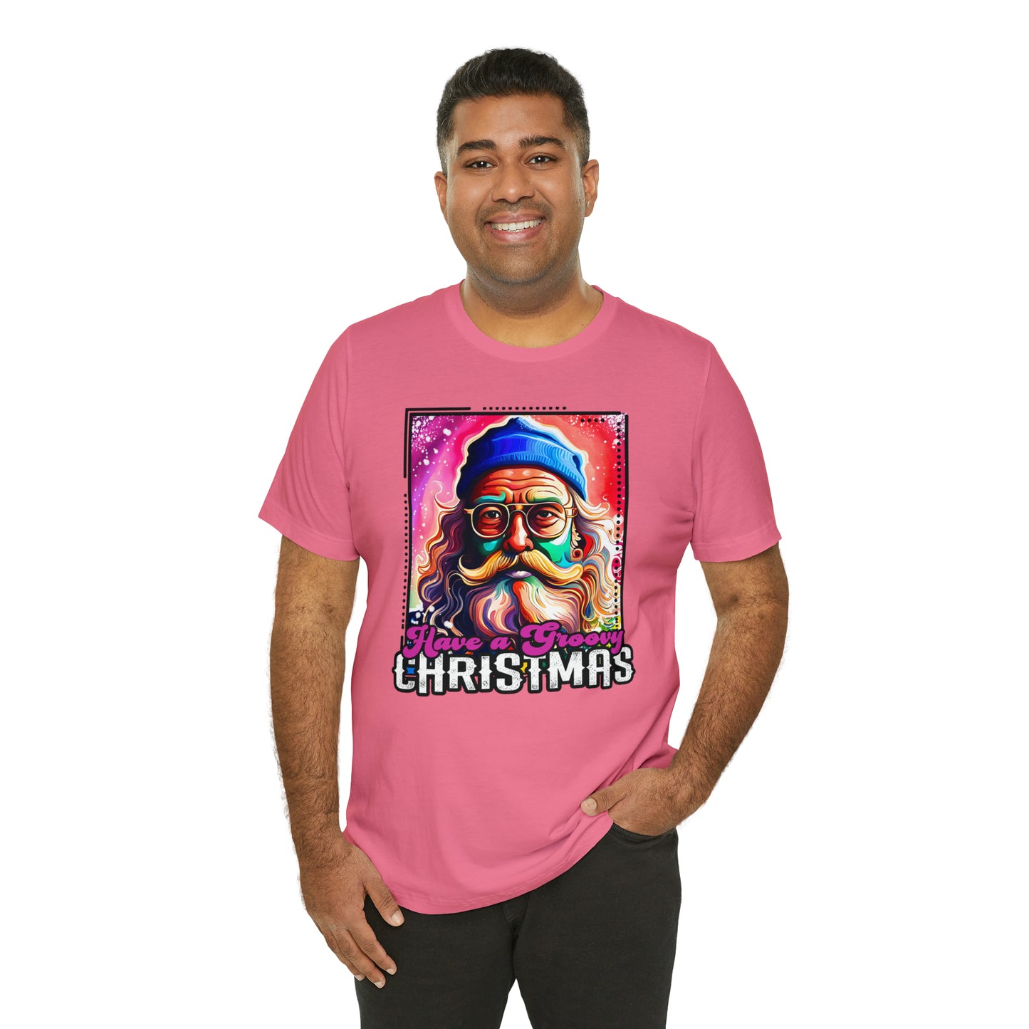 Have a Groovy Christmas, Retro Hipster Santa Watercolor Unisex Jersey Short Sleeve Tee