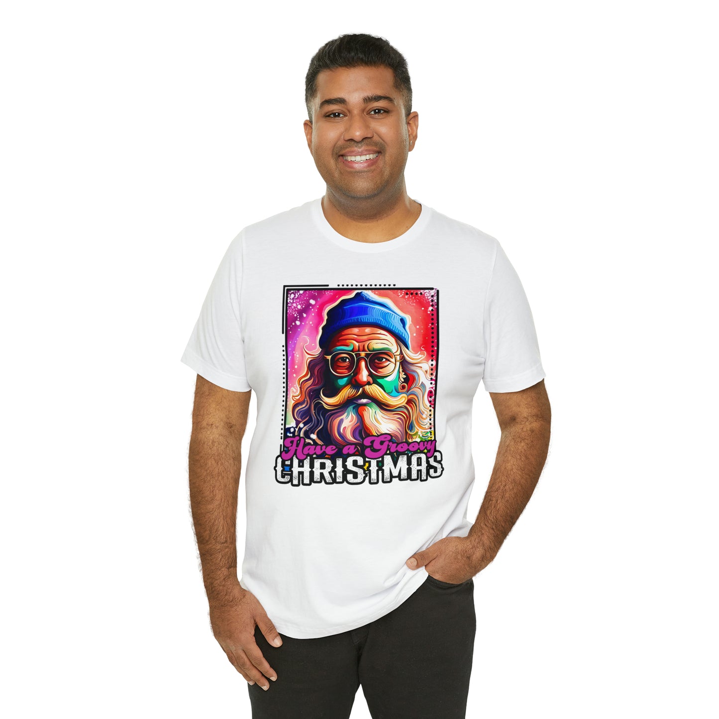 Have a Groovy Christmas, Retro Hipster Santa Watercolor Unisex Jersey Short Sleeve Tee