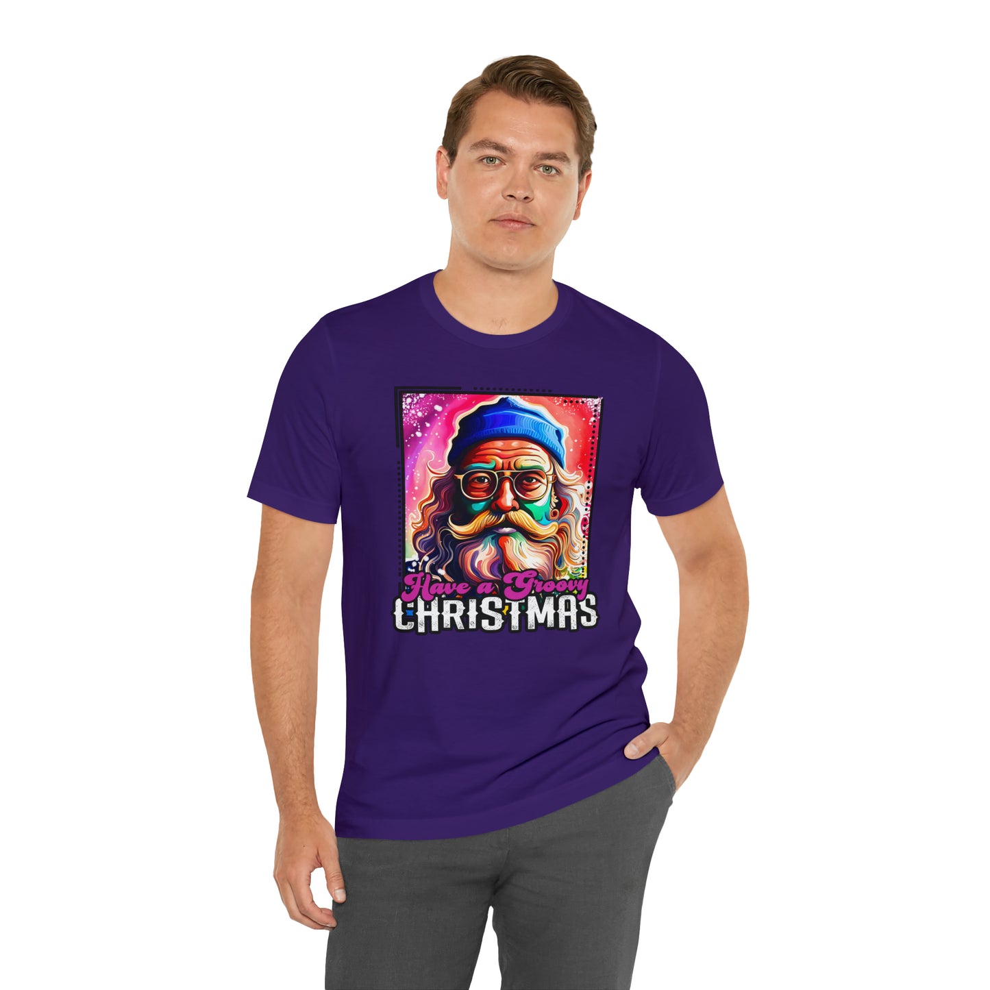 Have a Groovy Christmas, Retro Hipster Santa Watercolor Unisex Jersey Short Sleeve Tee