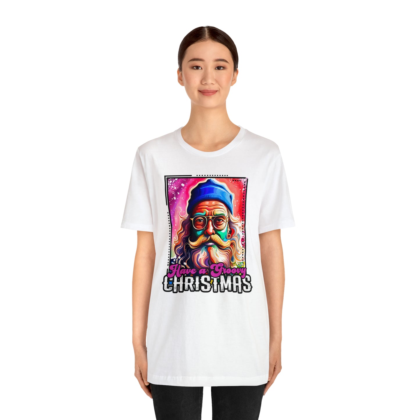 Have a Groovy Christmas, Retro Hipster Santa Watercolor Unisex Jersey Short Sleeve Tee