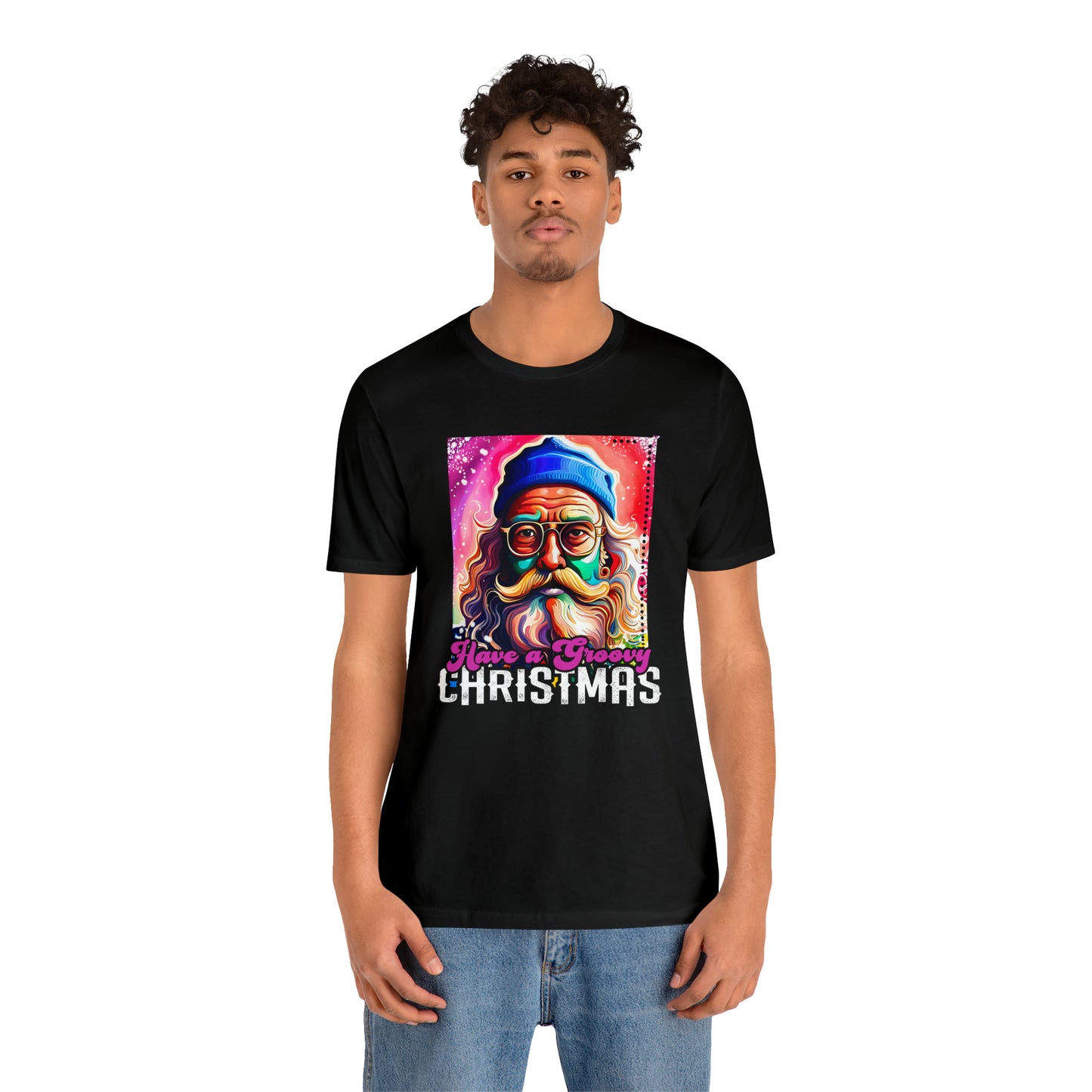 Have a Groovy Christmas, Retro Hipster Santa Watercolor Unisex Jersey Short Sleeve Tee