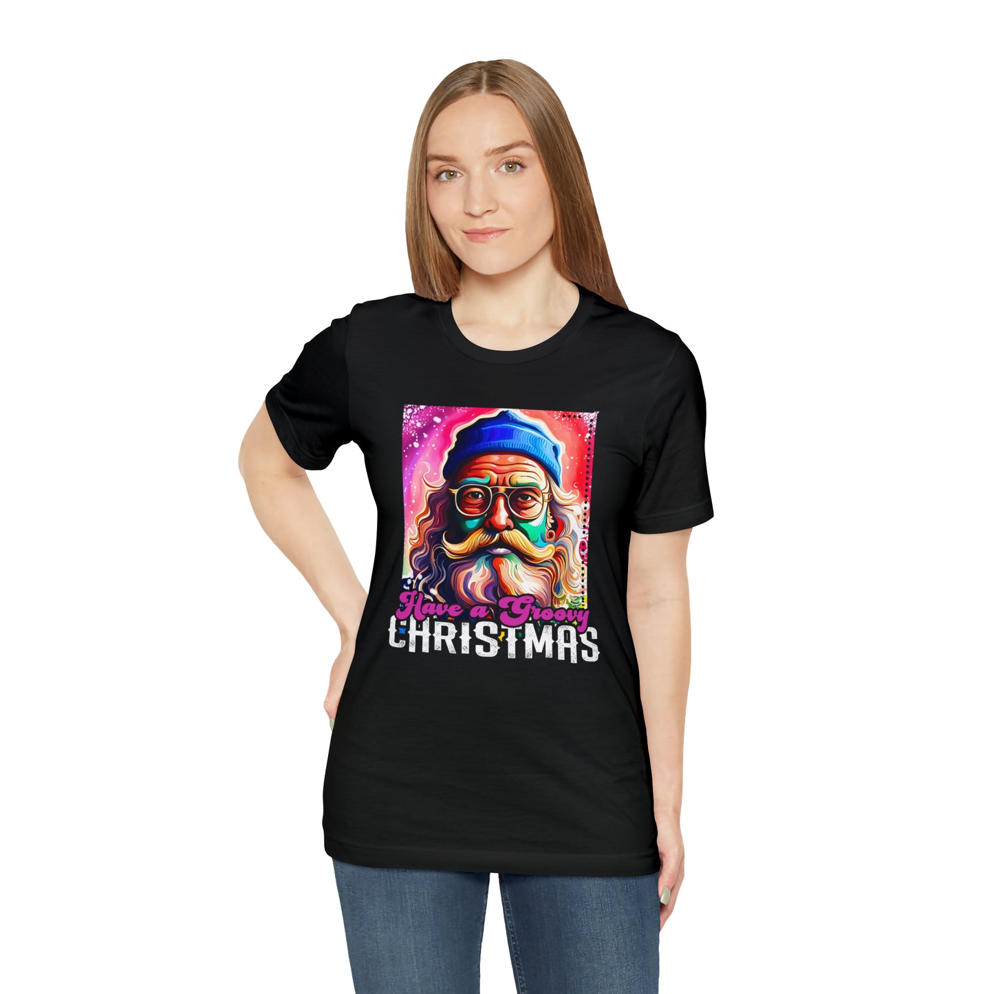 Have a Groovy Christmas, Retro Hipster Santa Watercolor Unisex Jersey Short Sleeve Tee