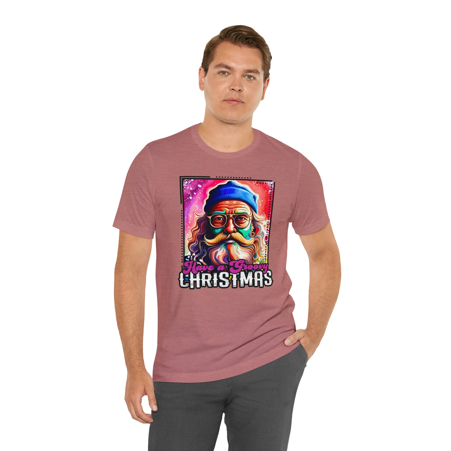 Have a Groovy Christmas, Retro Hipster Santa Watercolor Unisex Jersey Short Sleeve Tee