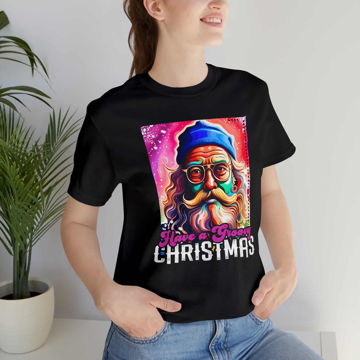 Have a Groovy Christmas, Retro Hipster Santa Watercolor Unisex Jersey Short Sleeve Tee