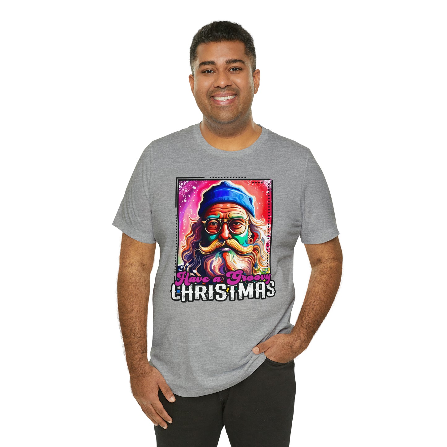 Have a Groovy Christmas, Retro Hipster Santa Watercolor Unisex Jersey Short Sleeve Tee