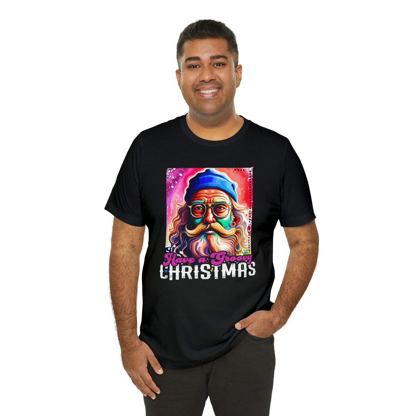 Have a Groovy Christmas, Retro Hipster Santa Watercolor Unisex Jersey Short Sleeve Tee