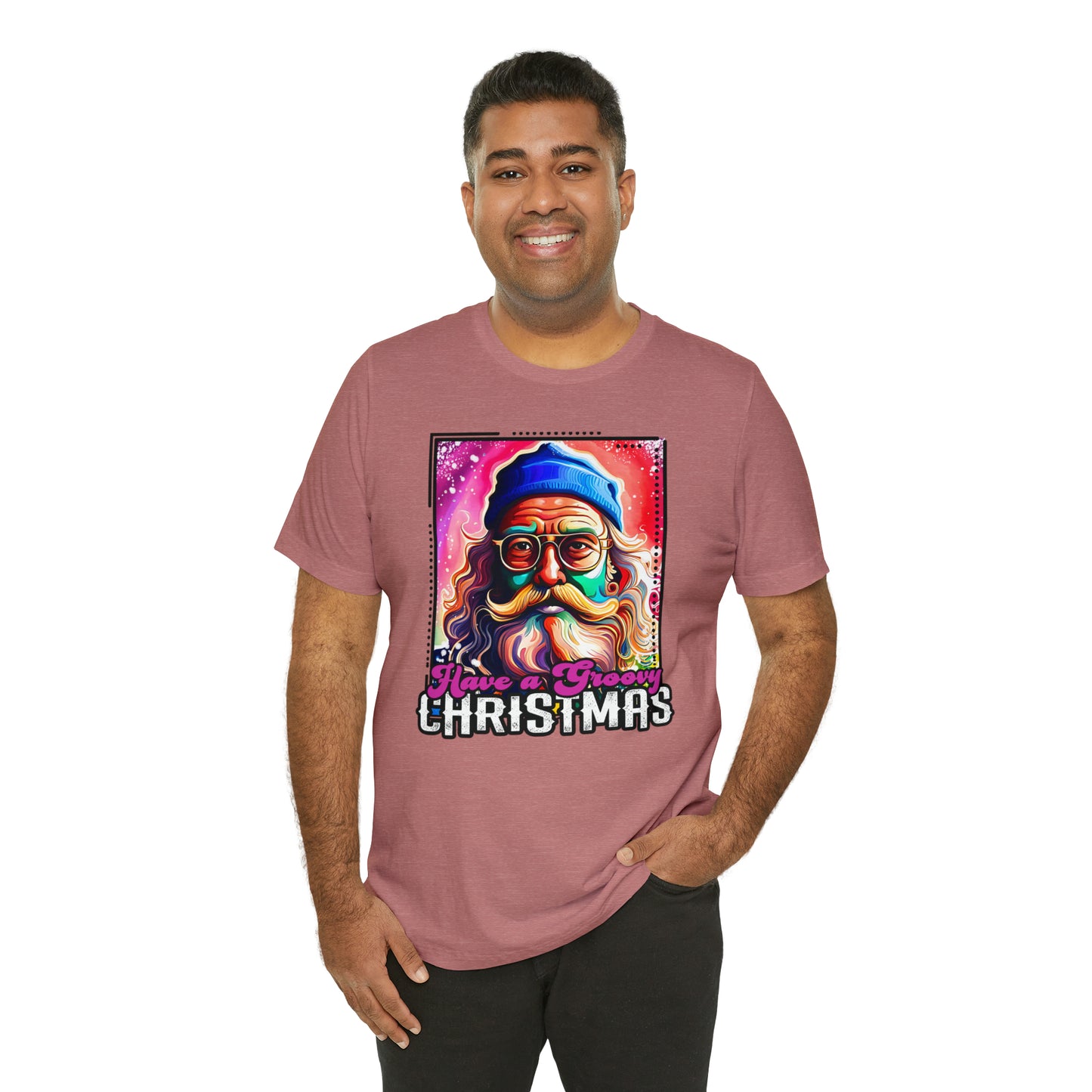 Have a Groovy Christmas, Retro Hipster Santa Watercolor Unisex Jersey Short Sleeve Tee