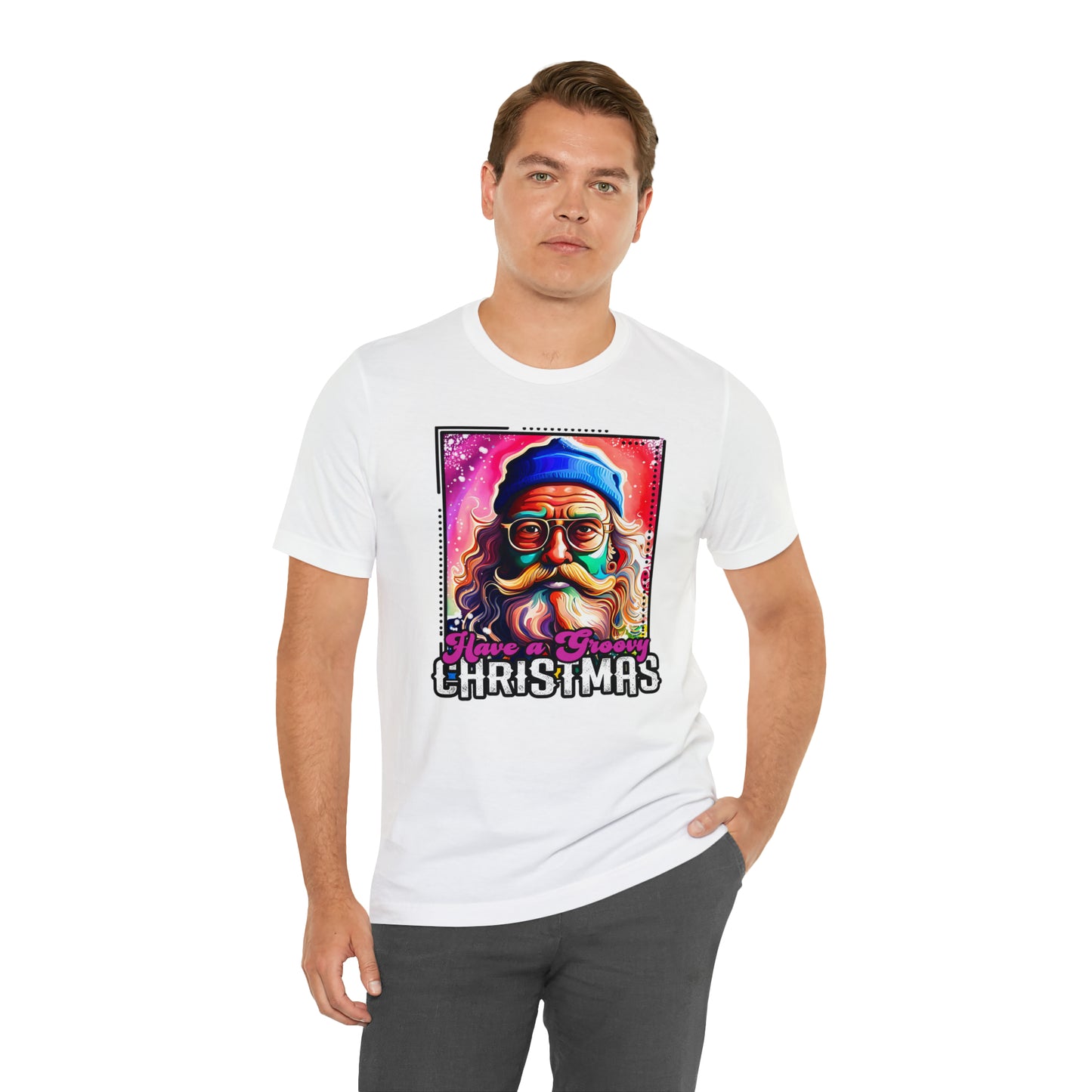 Have a Groovy Christmas, Retro Hipster Santa Watercolor Unisex Jersey Short Sleeve Tee